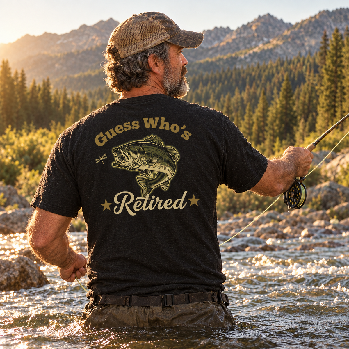 BACKPRINT- 'Guess Who's Retired'! Broken in feel, Fishing Tee
