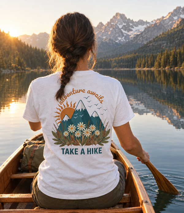 Adventure Awaits!  Ladies Mountain Floral Outdoor Tee